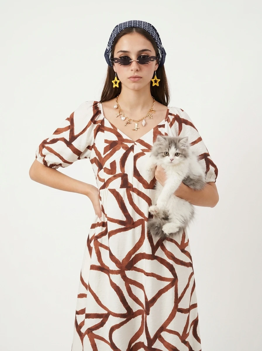 A woman wearing a white and brown abstract print dress, headscarf, and sunglasses while holding a fluffy kitten.