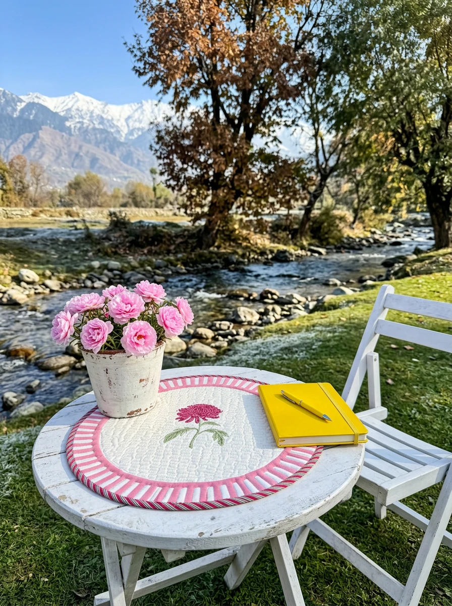 A white wooden table with a pink embroidered placemat, potted pink flowers, and a yellow notebook by a scenic river and snowy mountains.