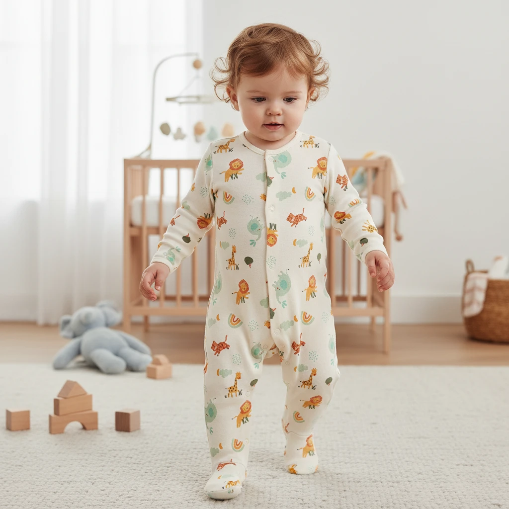 Toddler in a cream long-sleeve cotton footie pajama with a colorful animal print walking in a sunlit nursery.