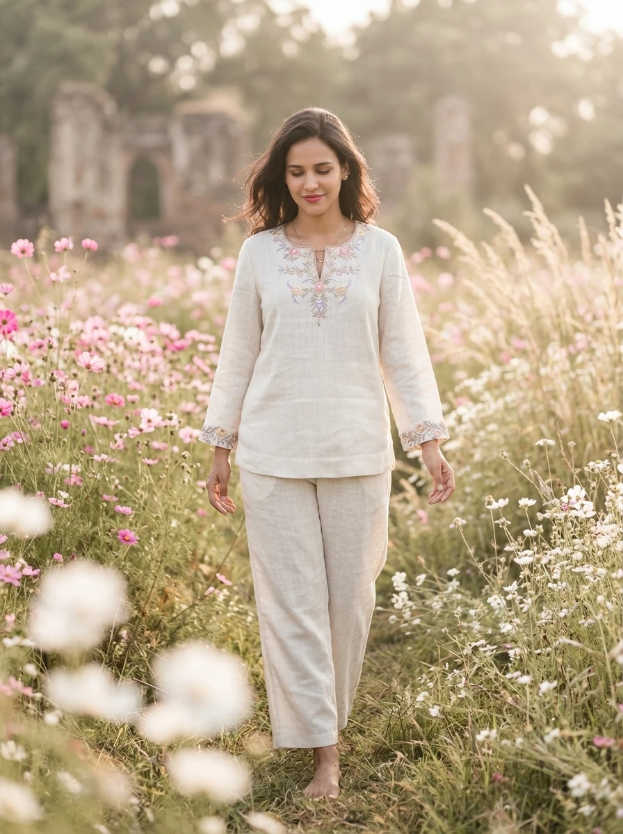 Woman wearing a beige linen tunic and matching trousers with delicate floral embroidery in a blooming field.