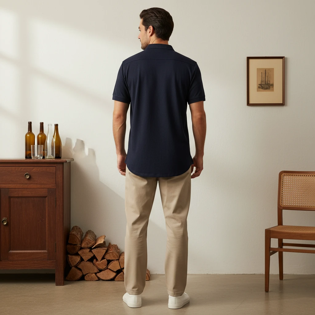 Man facing away in a navy blue polo shirt and beige chinos standing in a room.