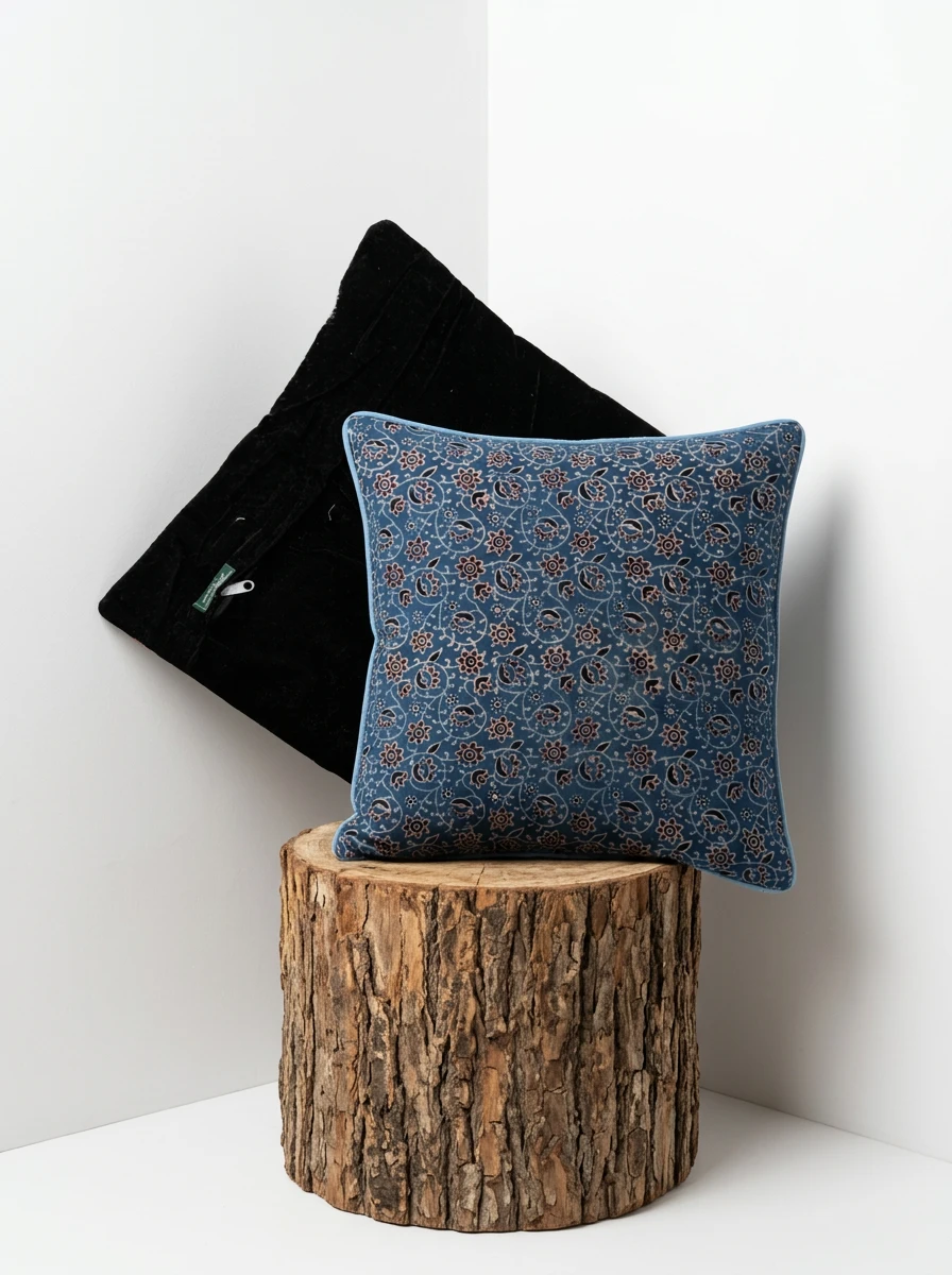 Blue patterned cushion rests on a tree stump block, with a black velvet cushion leaning behind it against a white corner wall.