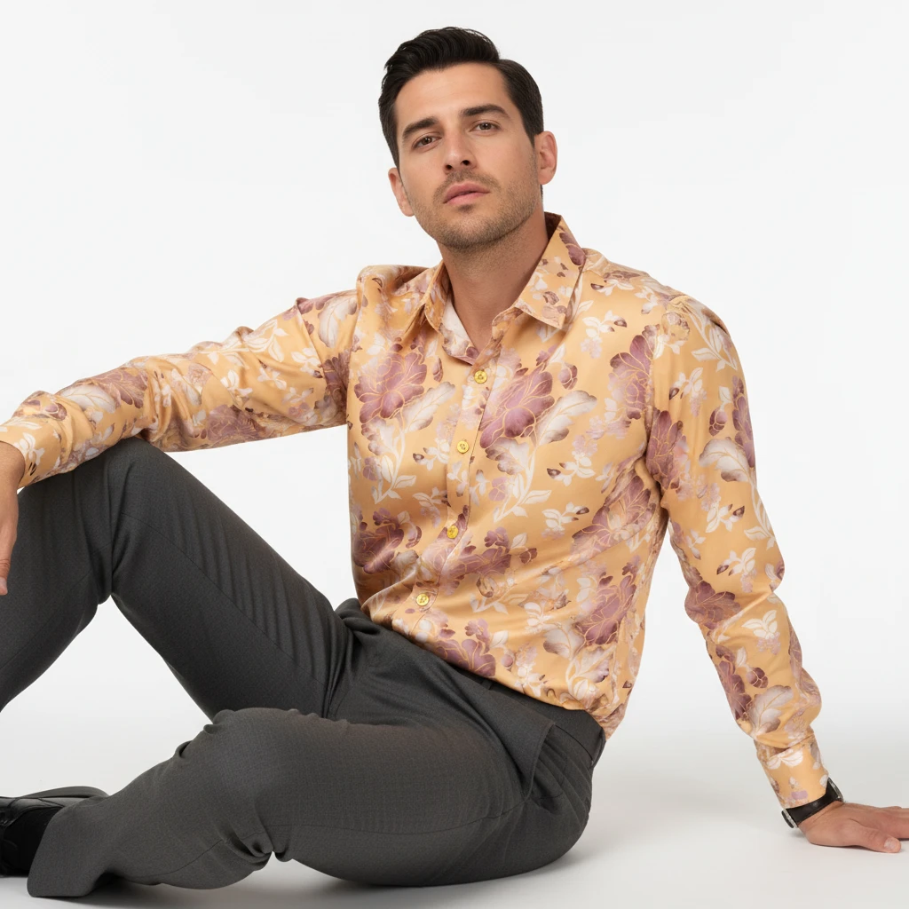 Man seated wearing a yellow floral long-sleeve button-down shirt and grey trousers.