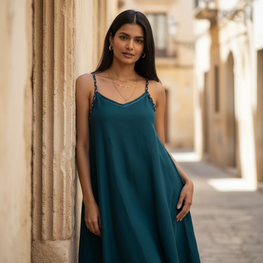 A woman leans against a stone wall outdoors wearing a teal sleeveless dress with thin straps and layered gold necklaces.