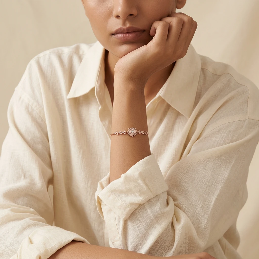 Studio AI photoshoot on a model of a rose gold bracelet on an arm, for a bracelet brand selling on marketplaces