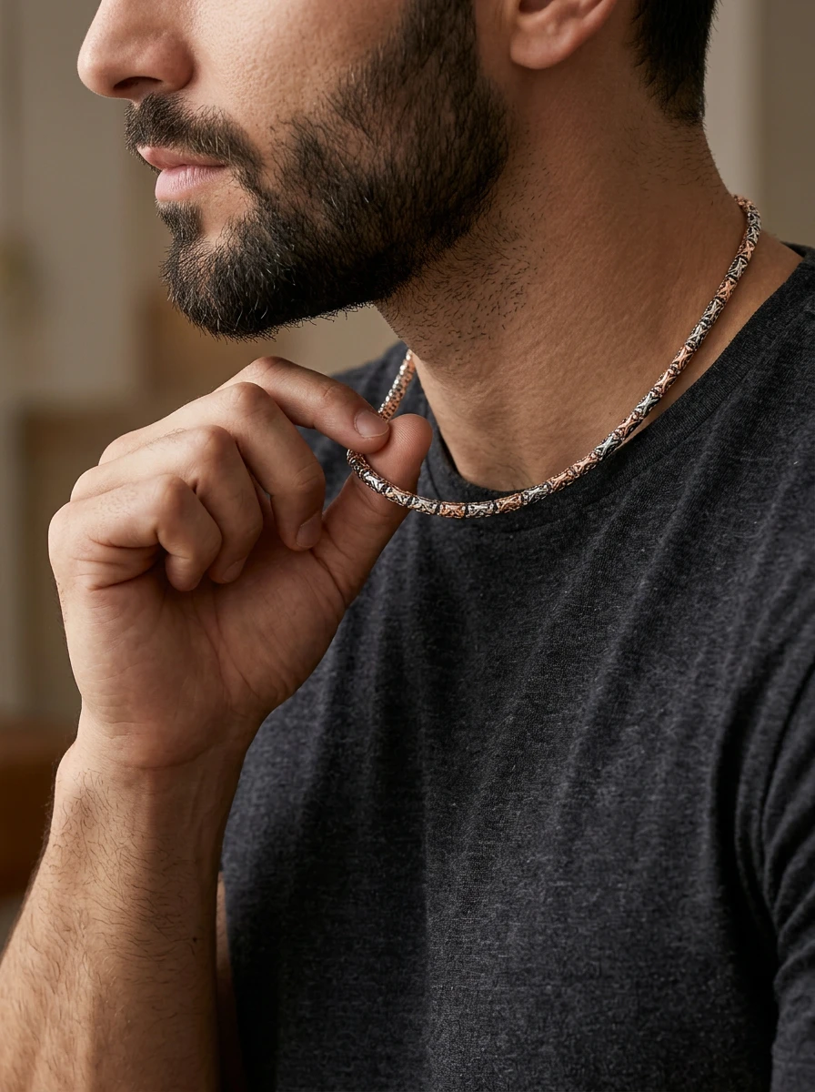 Studio AI photoshoot on a model of a patterned neck piece, for a chain brand selling on marketplaces