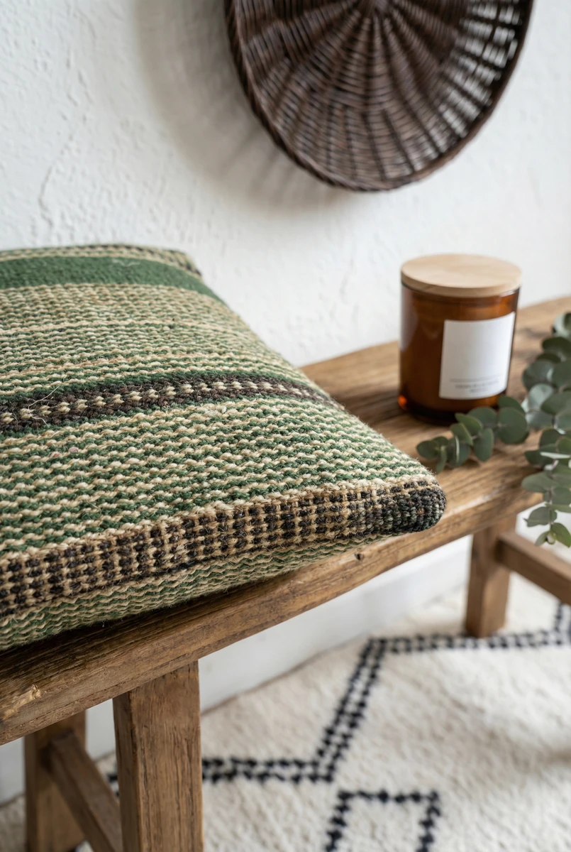 Sanskruti cushion in green and brown striped textured fabric rests on a wooden bench next to a candle and eucalyptus.