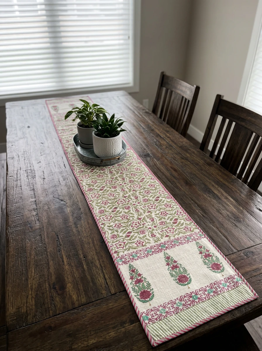 A patterned table runner in pink and green floral print on a rustic wooden dining table.