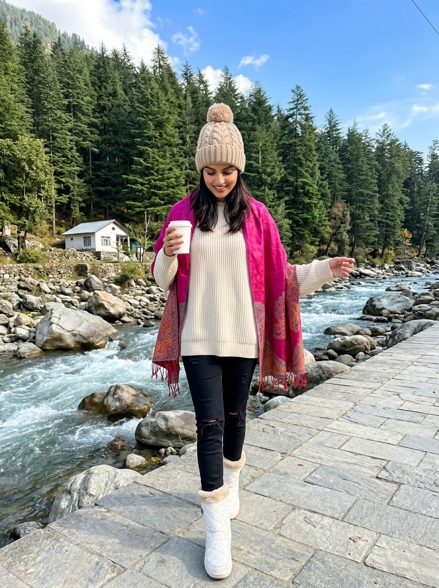 Woman in cream sweater, pink patterned shawl, beanie, and winter boots walking by river.