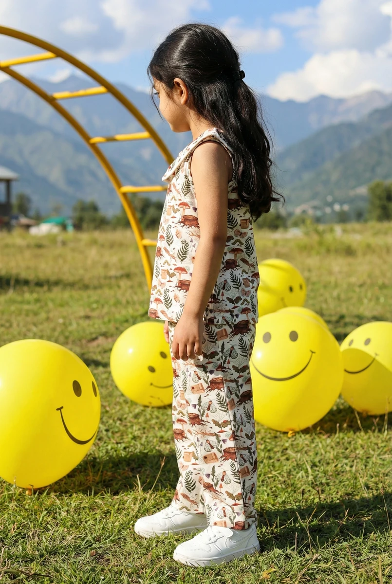 A young girl wearing a patterned sleeveless top and trousers, standing outdoors on grass surrounded by yellow smiley face balloons.