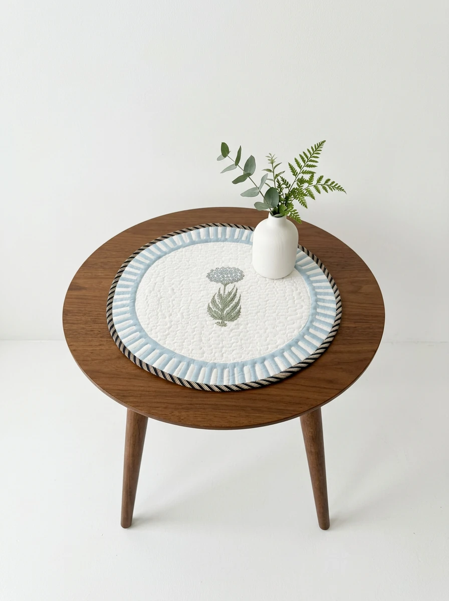 Round quilted table mat with blue and white border and floral block print on a wooden coffee table.