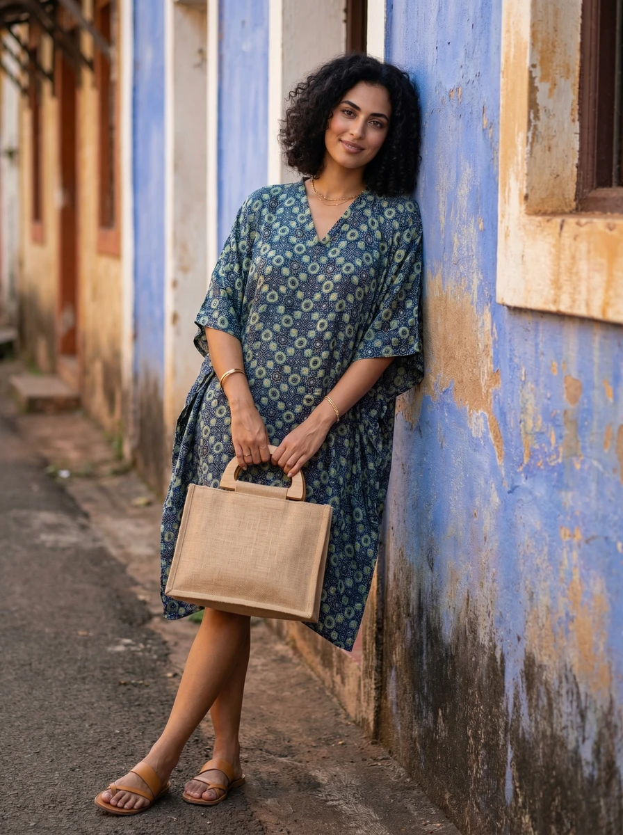 Woman with curly hair wearing a blue patterned midi kaftan dress and holding a natural jute tote bag while leaning on a wall.