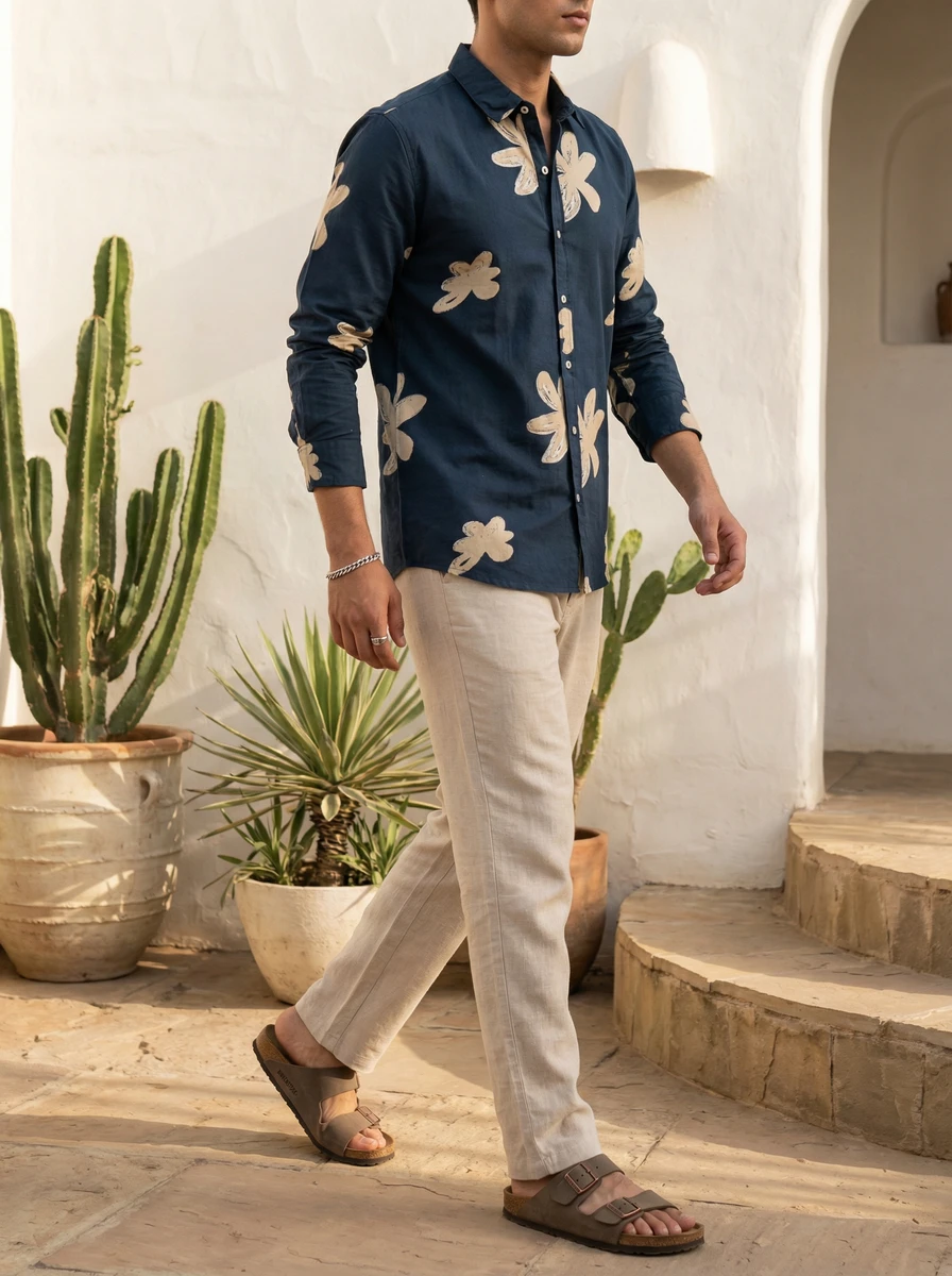 A man wearing a dark blue floral print long-sleeve shirt and beige linen trousers walking outdoors.