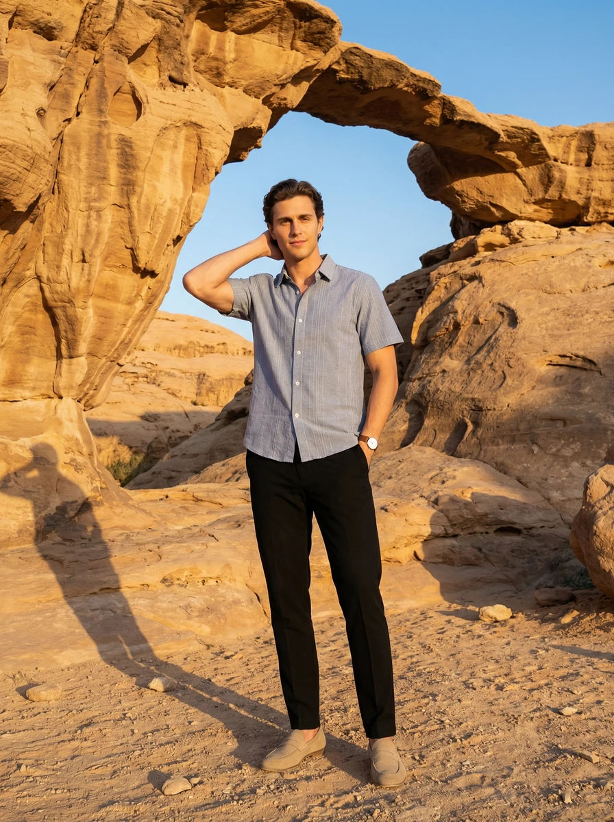Man wearing a light blue short-sleeve button-down shirt and black trousers, posing outdoors before rock formations.