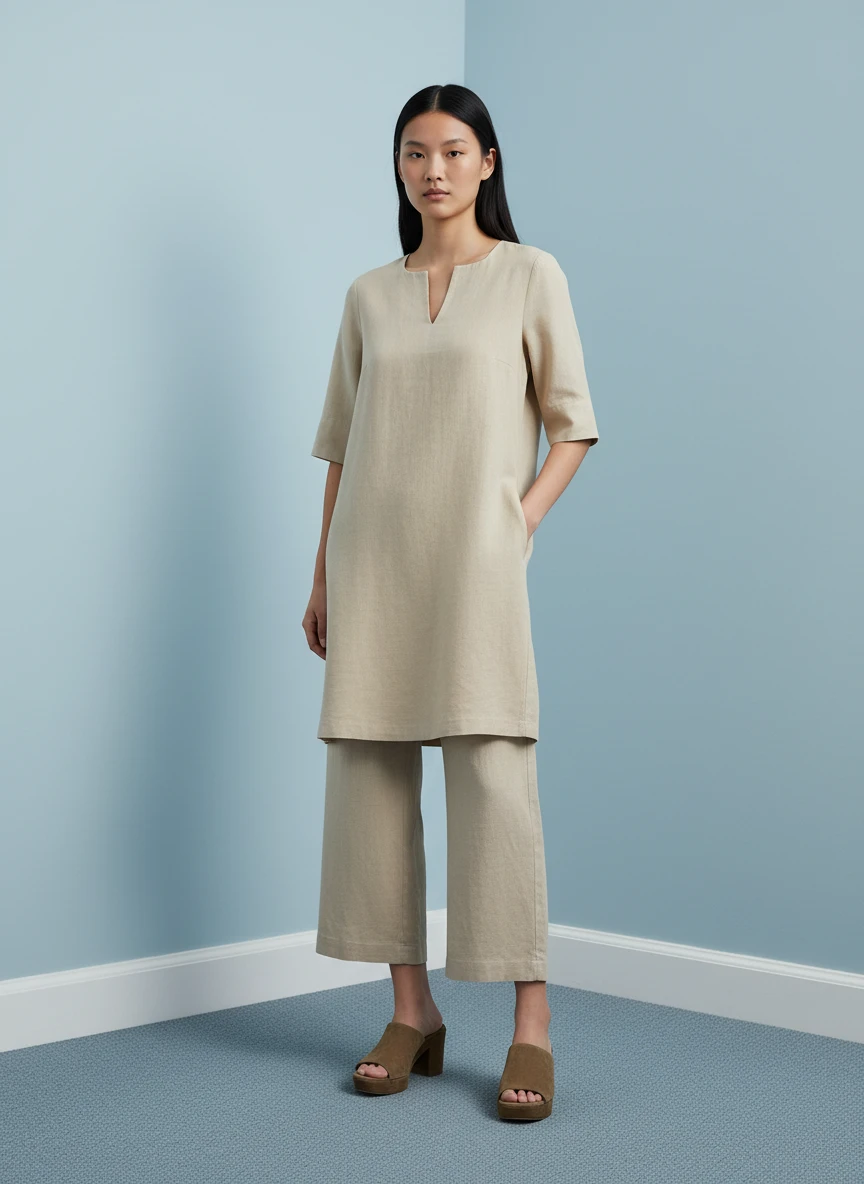 A model standing in a beige linen tunic and matching cropped trousers against a blue wall.