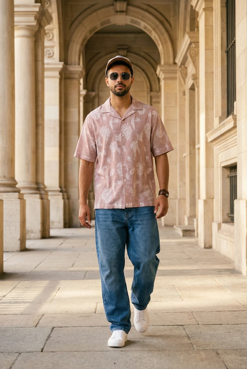 Man walking in a pink tropical print short-sleeve shirt and blue jeans under stone arches.