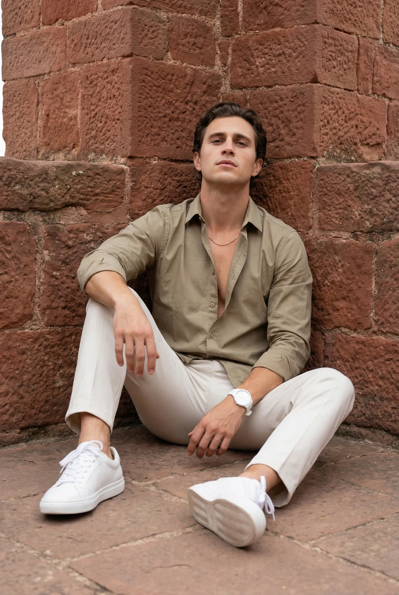 Man sitting against a rustic red stone wall wearing an olive green button-down shirt, white trousers, and white sneakers.