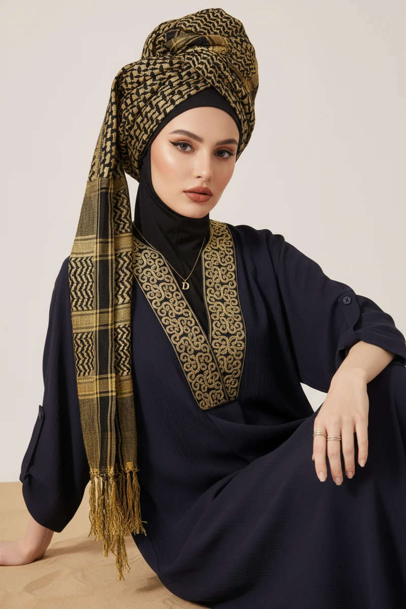 Model wearing a dark blue textured abaya with gold embroidery, paired with a matching patterned headscarf.