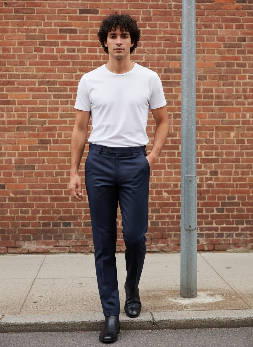 Man wearing a white crew neck t-shirt and navy slim fit trousers with black leather boots standing against a brick wall.