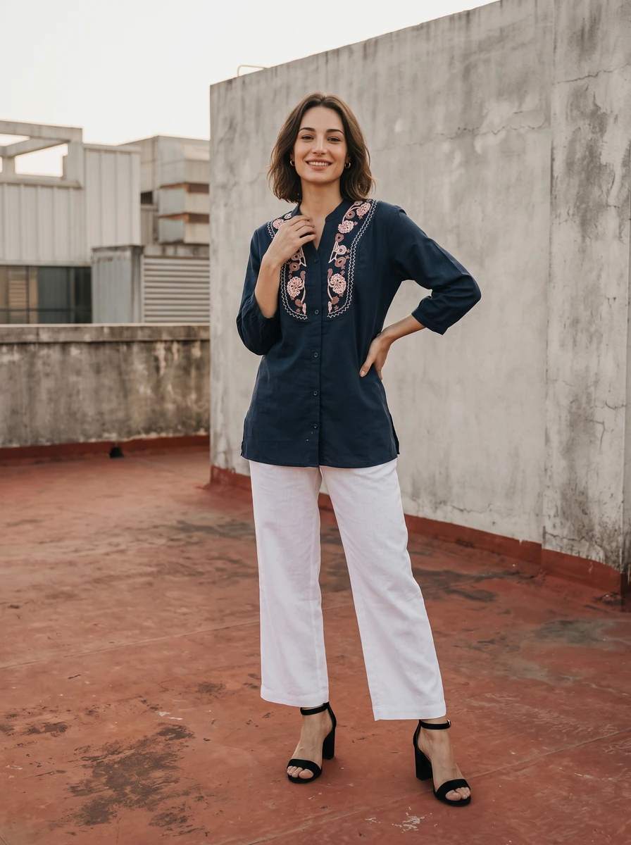 Woman standing on a rooftop wearing a navy blue embroidered tunic and white trousers with black heels.