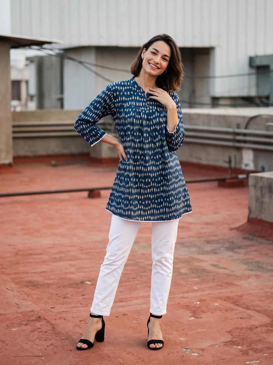 Woman wearing a blue patterned tunic and white pants standing on a rooftop.