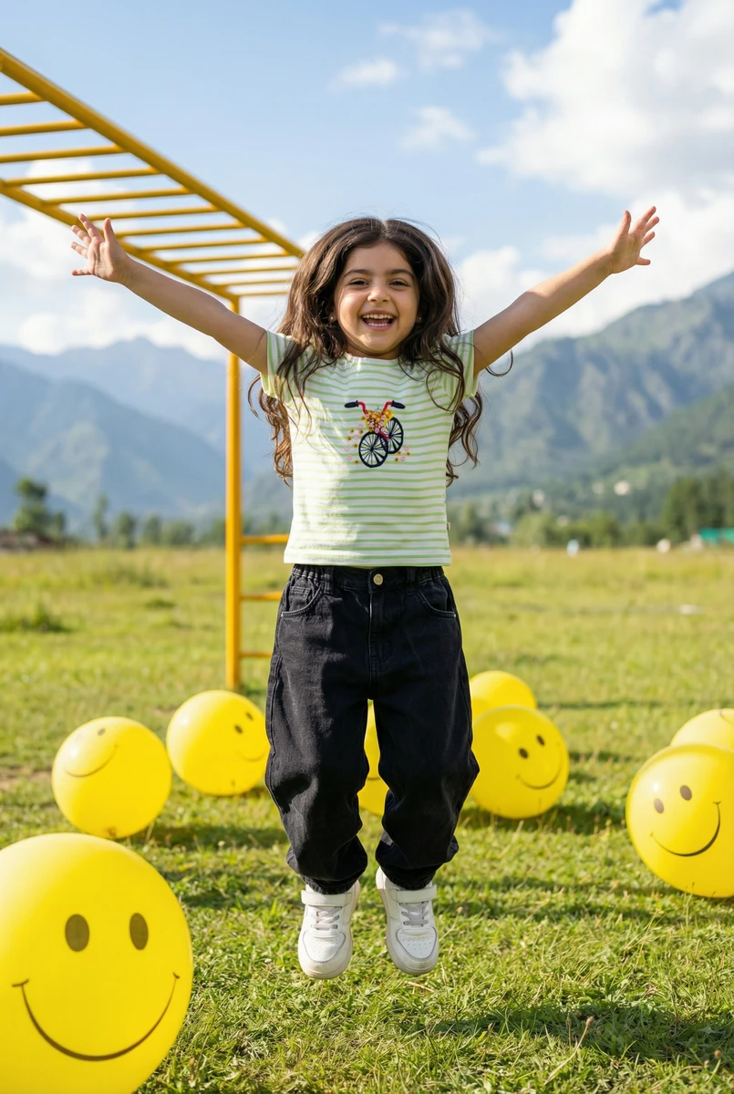 Toddler jumps joyfully on grassy field wearing green striped tee and black jeans.