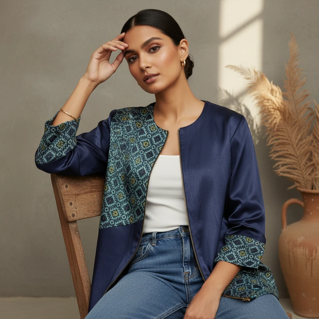 Woman wearing a dark blue satin zip jacket with patterned panels, a white top, and jeans, seated on a wooden chair.