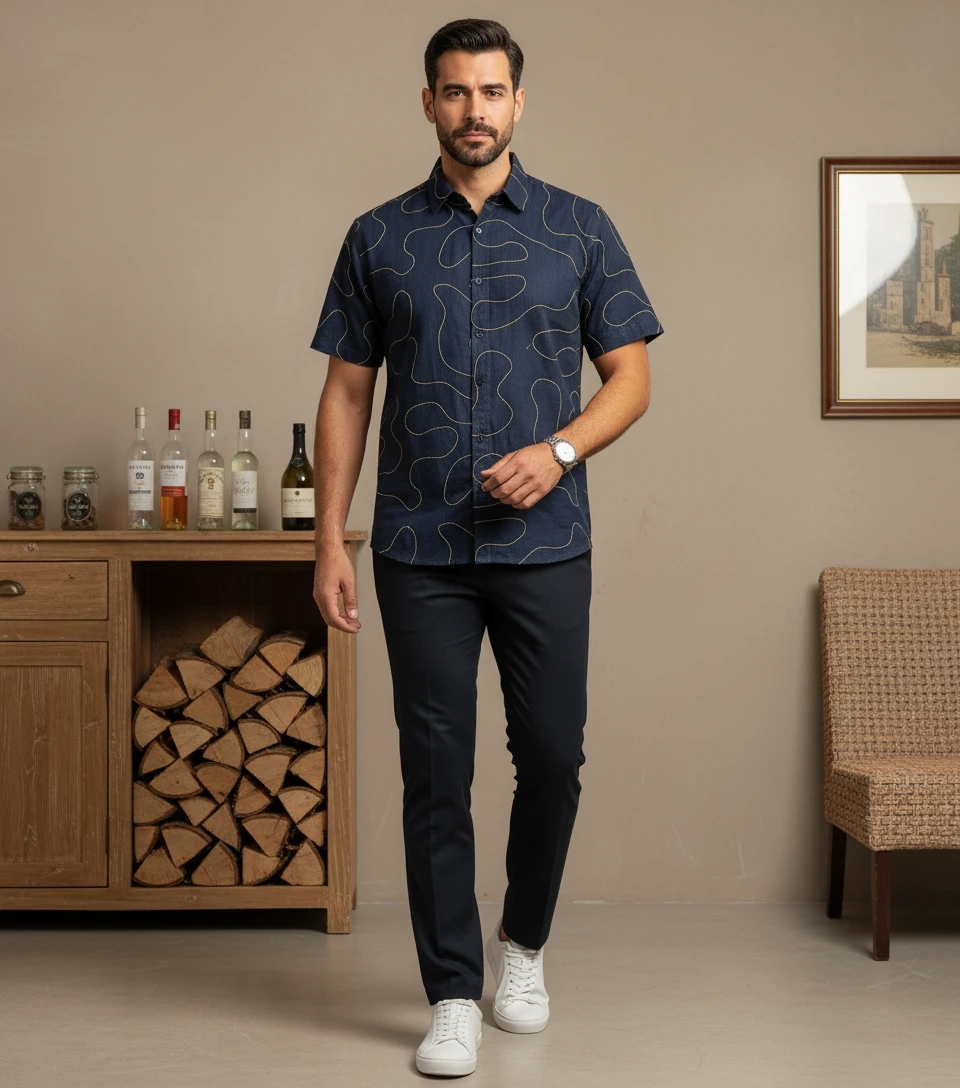 Man modeling a short-sleeve navy shirt with yellow squiggly lines and dark trousers in an indoor setting.