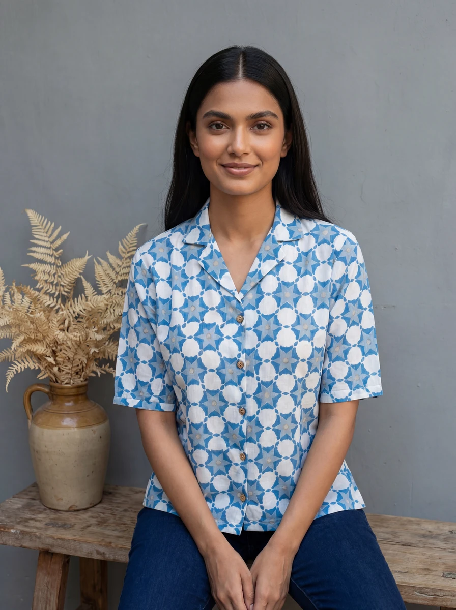 A woman wearing a blue and white patterned short sleeve button-down shirt.