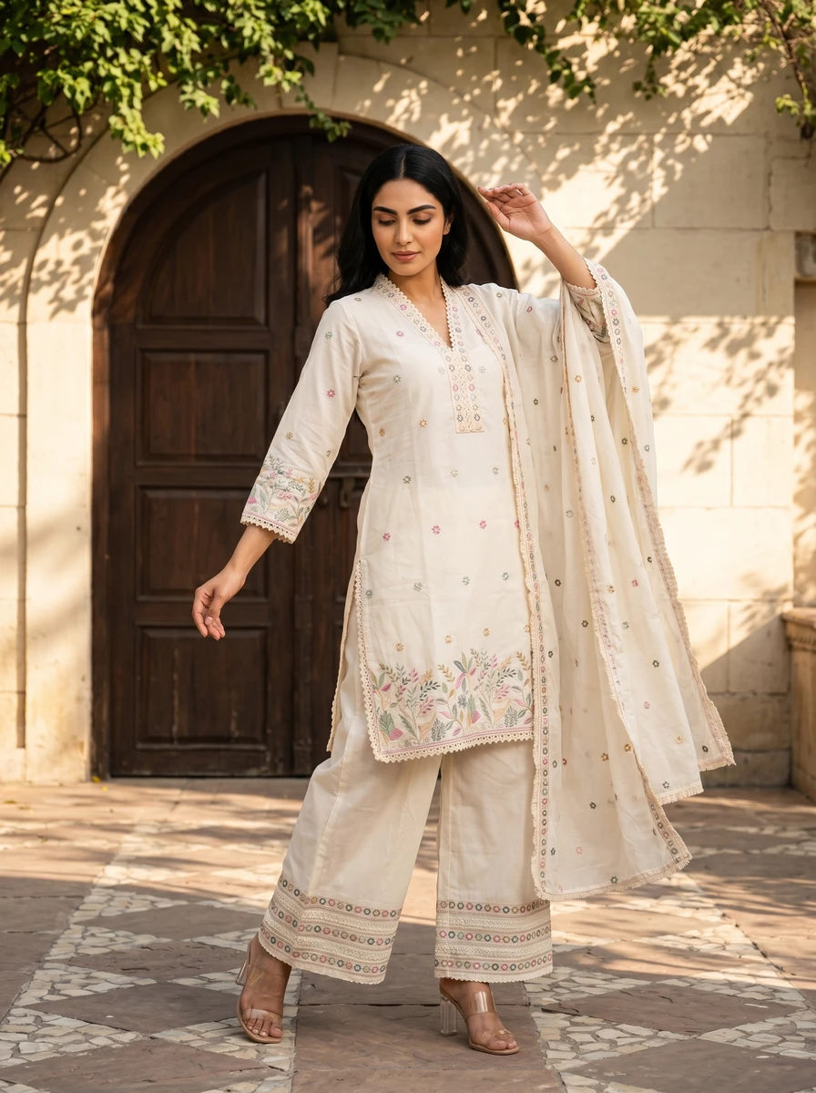 Model in an off-white three piece set with delicate colorful floral embroidery, standing before a wooden archway.