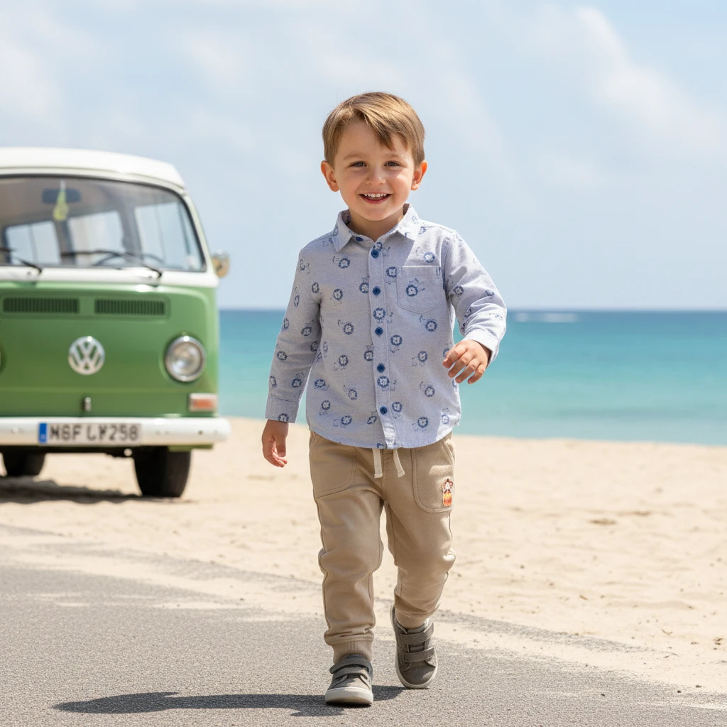Young boy walking along a beach road wearing a patterned button-down shirt and beige joggers next to a vintage green van.