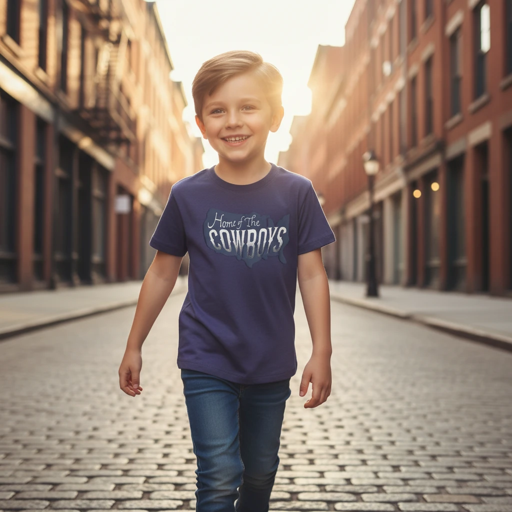 Young boy wearing a purple t-shirt with a Home of the Cowboys graphic walking down a cobblestone street at sunset.
