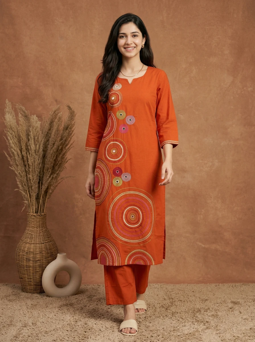 A woman wearing a vibrant orange embroidered kurta set with concentric circle patterns, standing against a warm brown studio background.