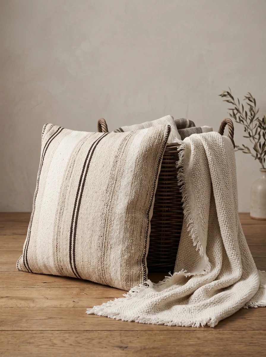 Beige and brown striped cushion leaning against a woven basket with a draped fringe blanket on a wooden floor.