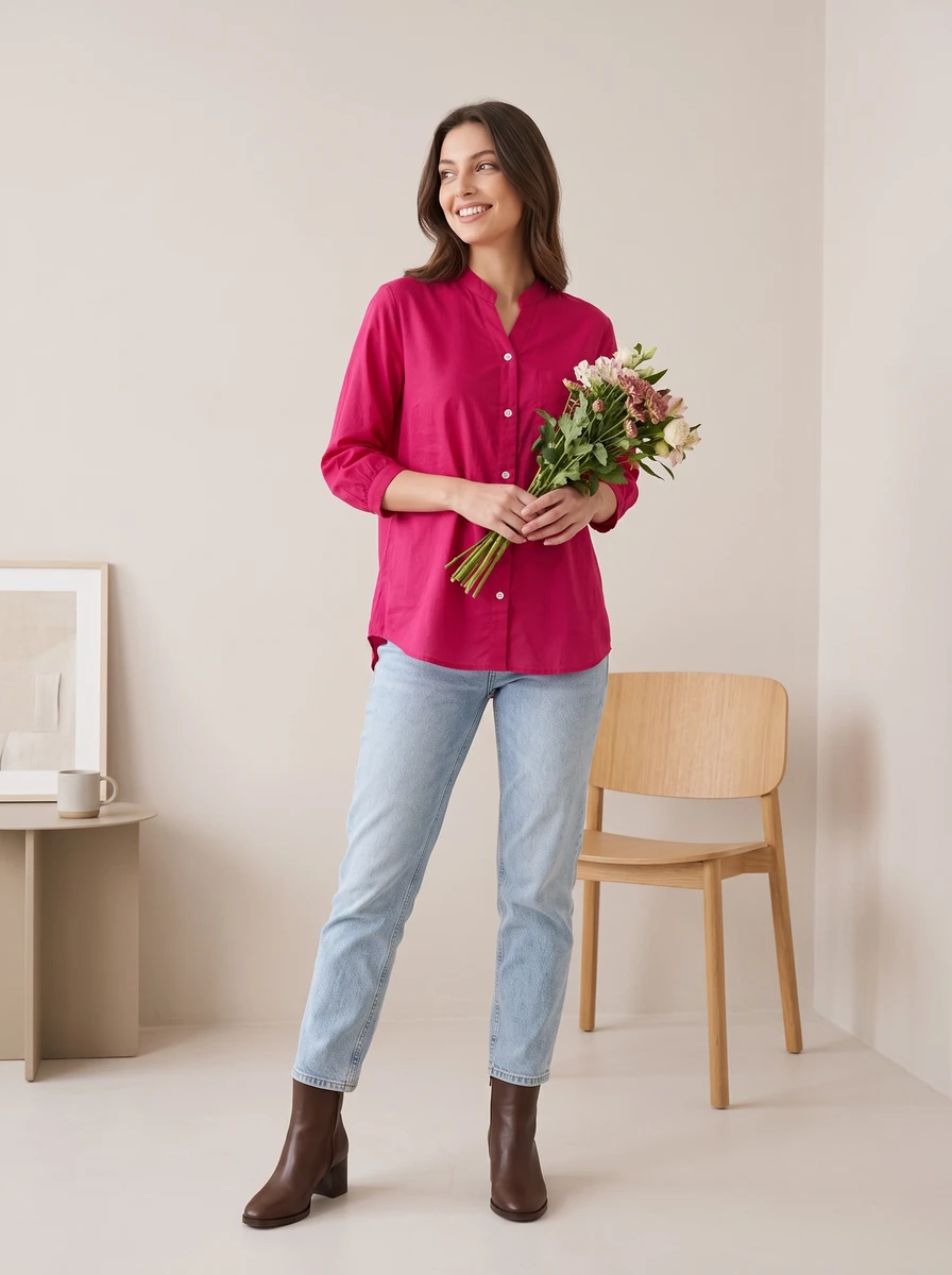 Woman standing in a bright studio wearing a magenta button-down shirt, light wash jeans, and brown ankle boots, holding flowers.