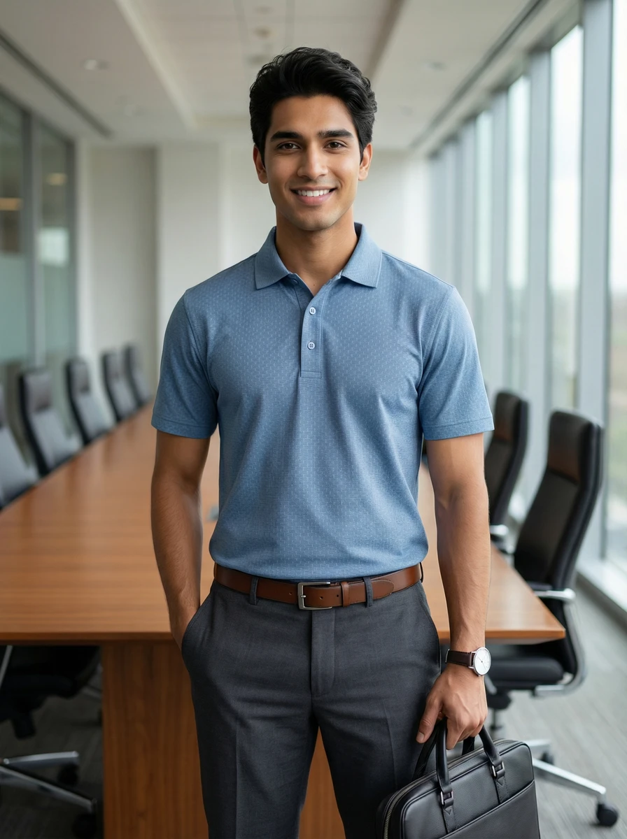 Man wearing a blue textured polo shirt and gray trousers holding a briefcase in an office.