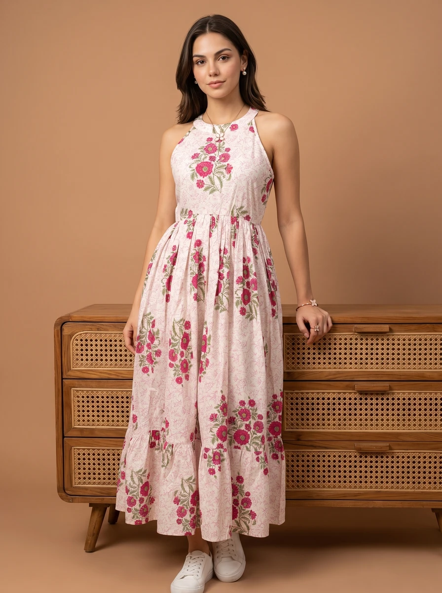 Model standing in front of a wooden dresser wearing a white halter neck dress with pink floral prints and white sneakers.