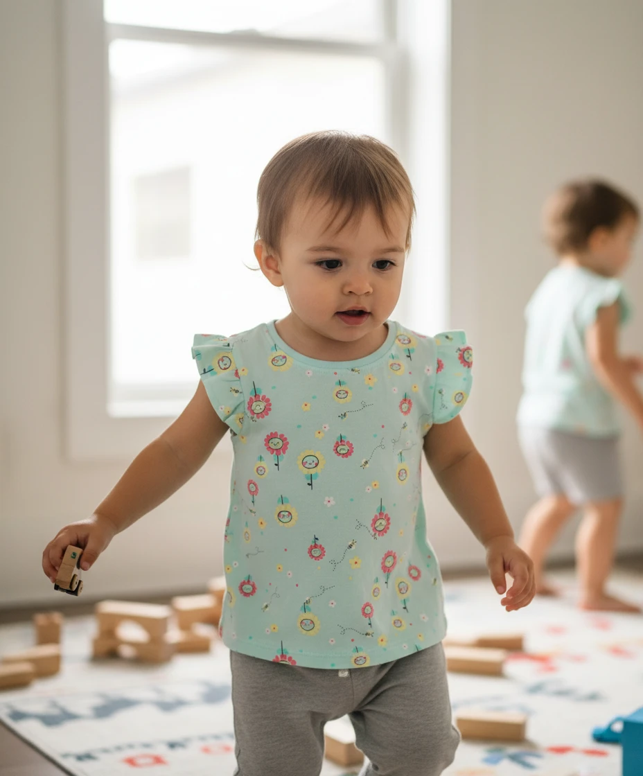 Toddler wearing a light blue floral print t-shirt and grey leggings, holding a wooden toy in a bright room.