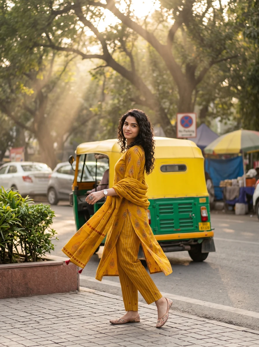 Woman wearing a mustard yellow Puru kurta set with striped pants and dupatta, walking on a sidewalk in soft sunlight.