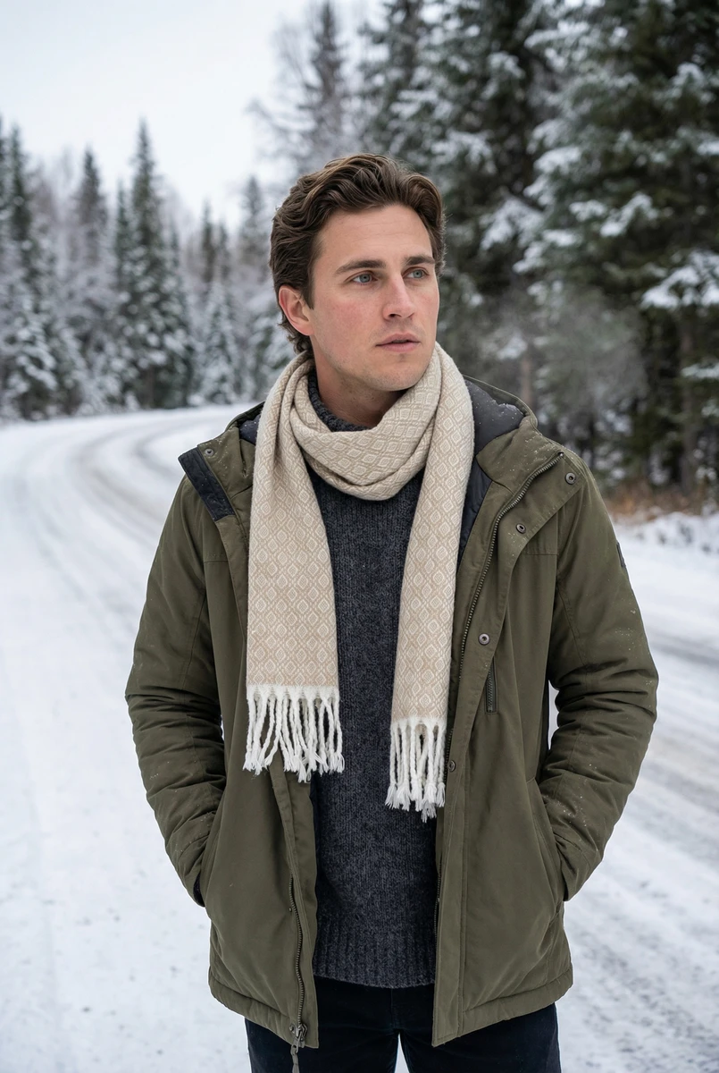 A man wearing an olive green winter coat, grey sweater, and patterned beige fringed scarf on a snowy road.