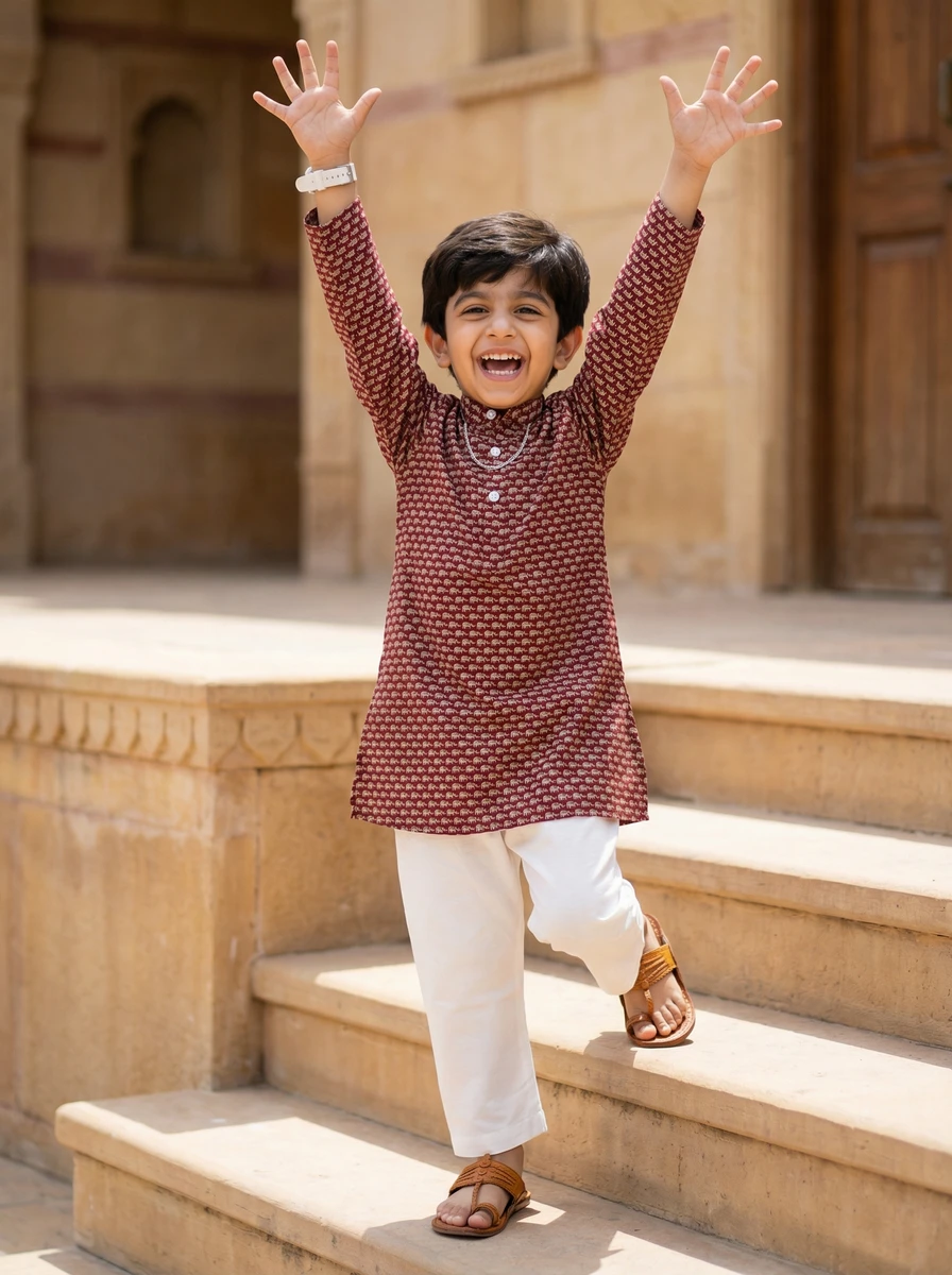 A laughing boy wearing a maroon elephant-print long-sleeve kurta and white pants, standing with raised arms on stone steps.