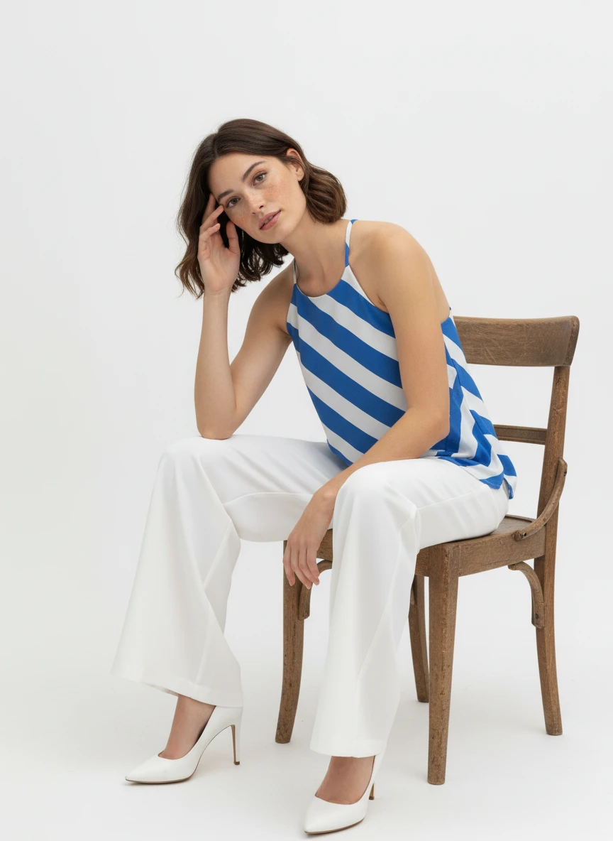 A woman sits on a wooden chair wearing a blue and white striped halter top and wide white trousers.