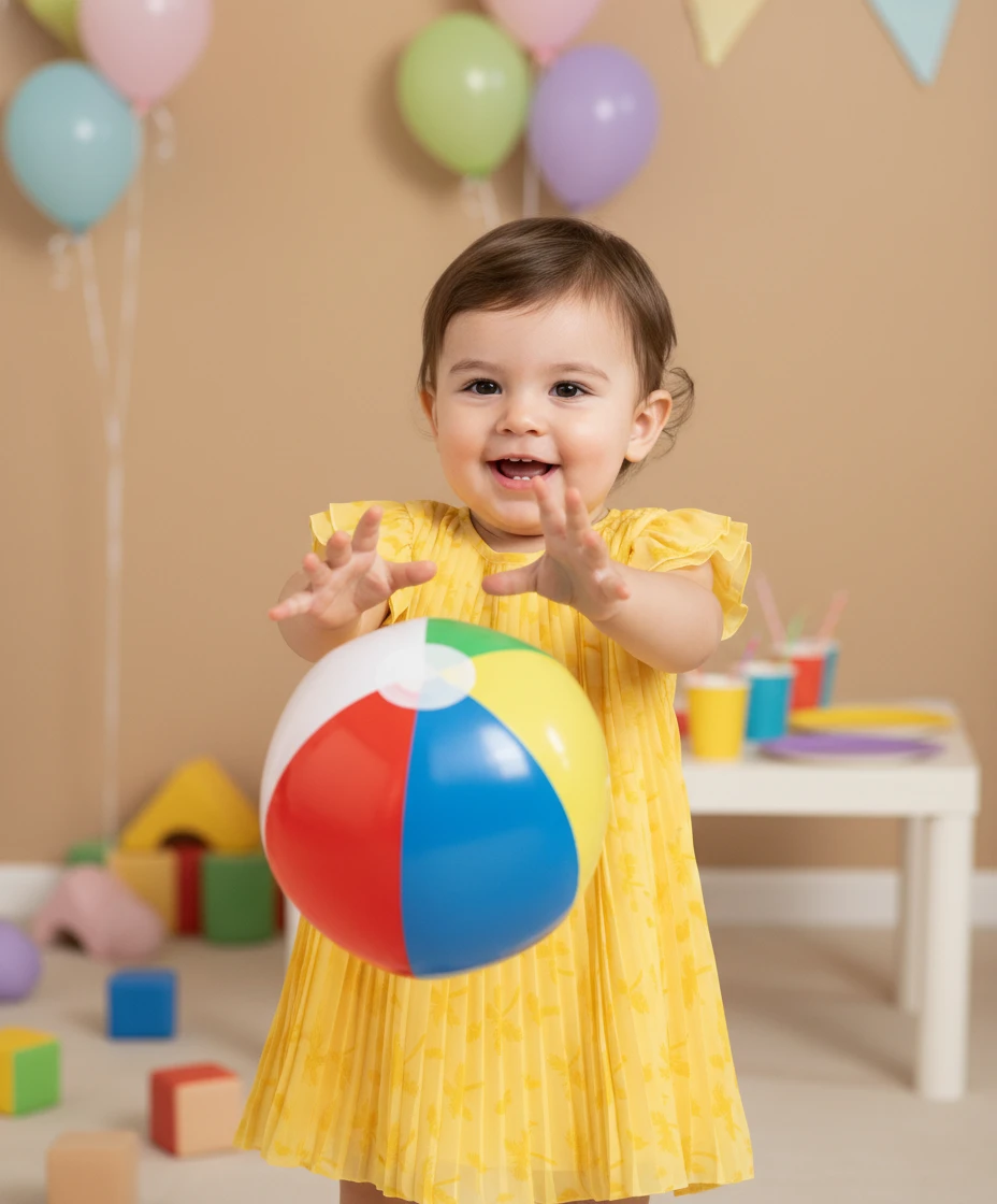 Toddler in a yellow pleated dress smiling and holding a colorful beach ball in a party room.