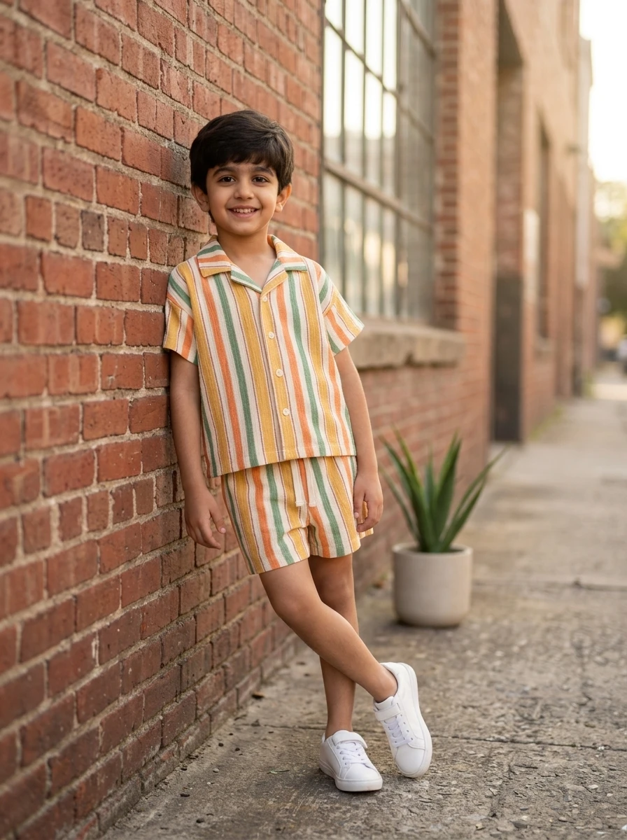 Young boy leaning against a brick wall wearing a short-sleeve button-down shirt and matching shorts with orange, green, and yellow vertical stripes.