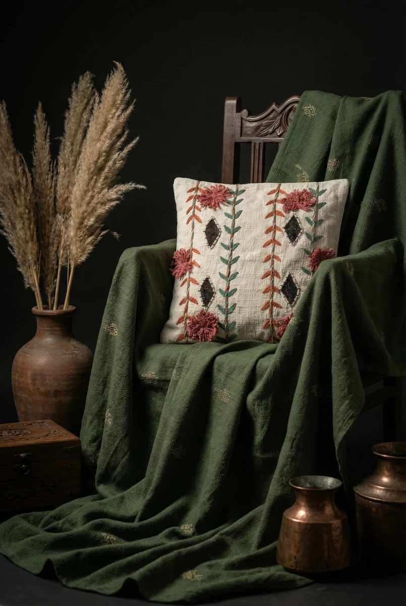 Sanskruti cushion featuring floral and geometric embroidery on textured off-white fabric, placed on a green draped chair.