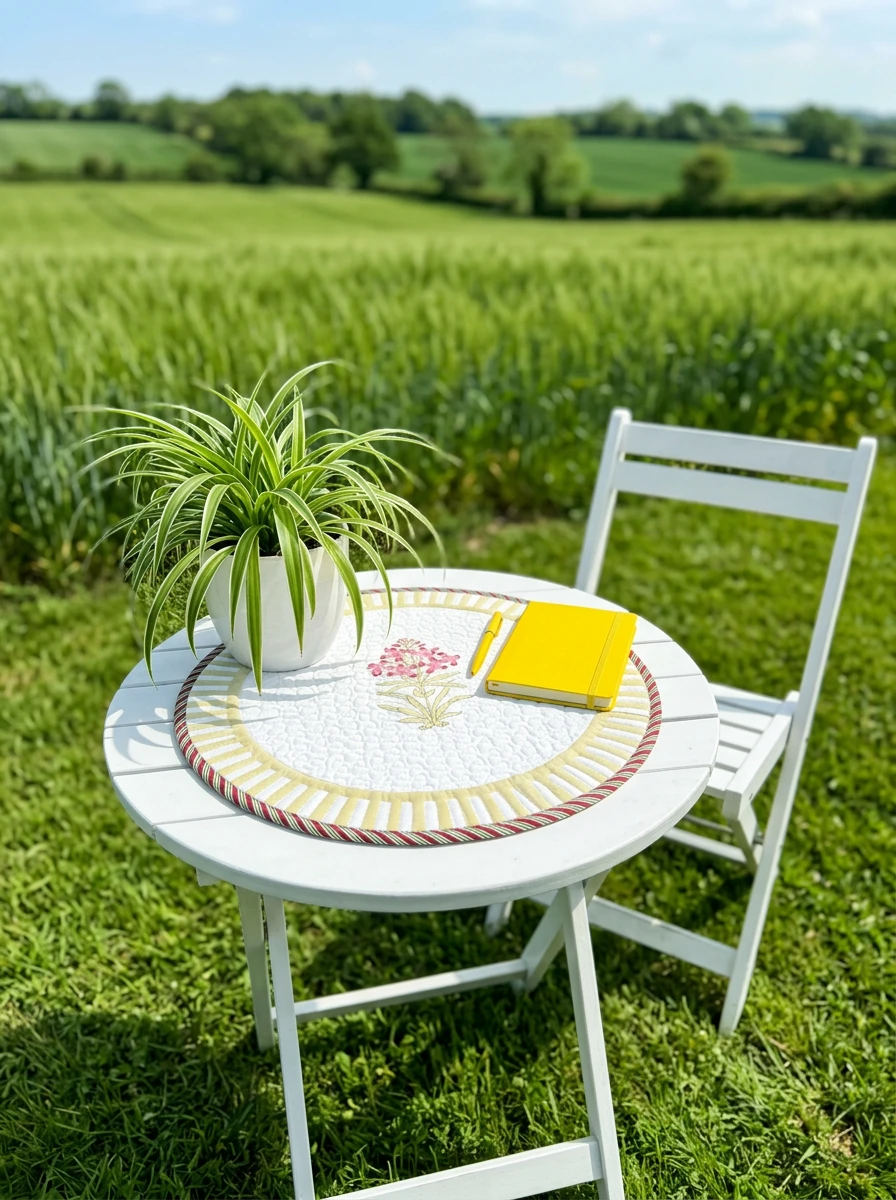 A white round table and chair in a grassy field with a potted plant and a yellow notebook.