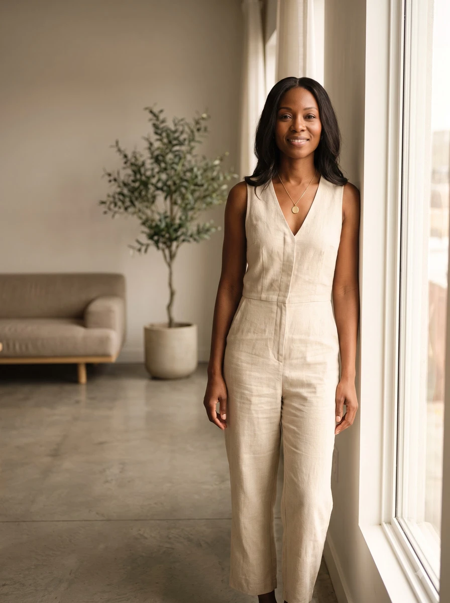 Woman in a beige sleeveless linen jumpsuit standing indoors by a window in a bright room.