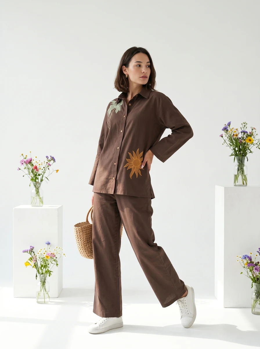 Model wearing a brown button-down shirt and matching trousers with embroidered accents, holding a woven basket in a studio.