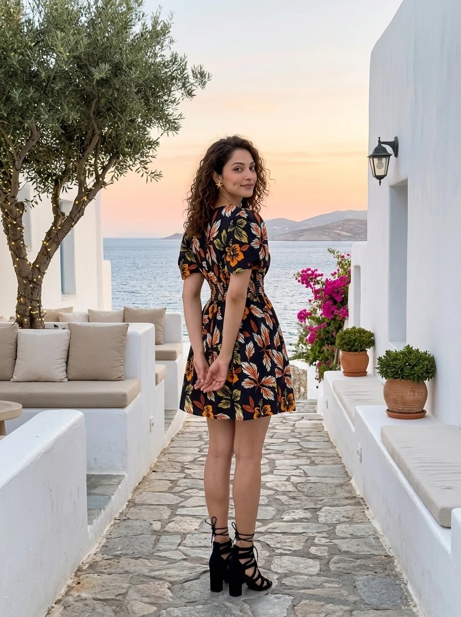 Woman standing on a stone pathway wearing a short floral print dress with black lace-up heels, overlooking the sea at sunset.