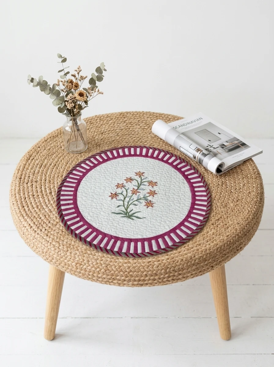 Round quilted table mat with floral embroidery and striped pink border displayed on a woven jute stool.